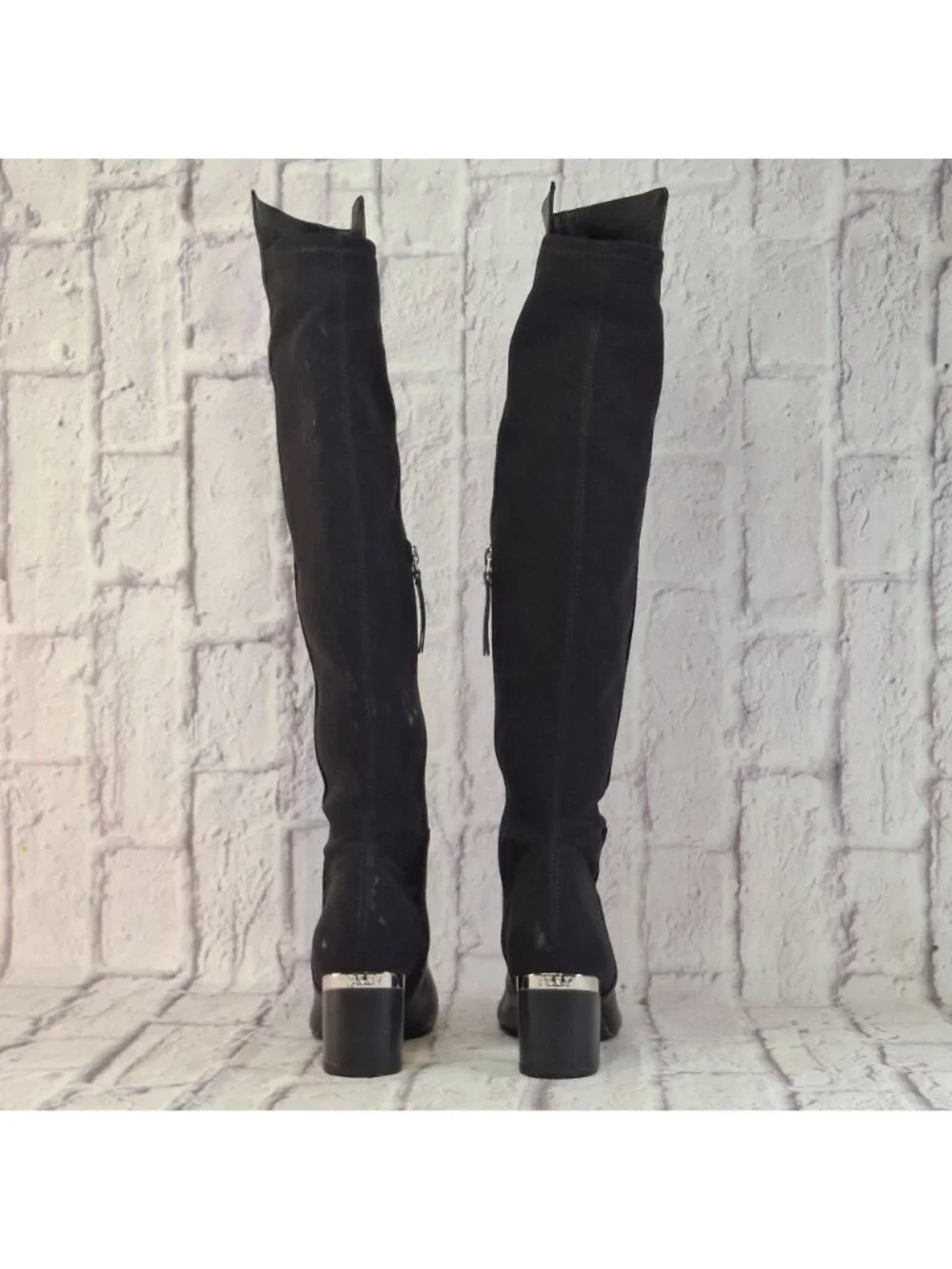 DKNY Over The Knee Boots Womens Size 7M Black Leather & Textile With Block Heel